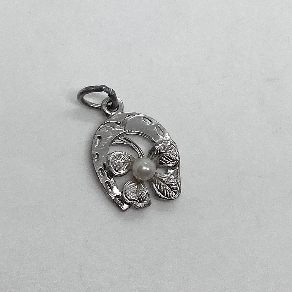Vtg Sterling Lucky Horseshoe 4 Leaf Clover Pearl Good Luck Charm .6”
